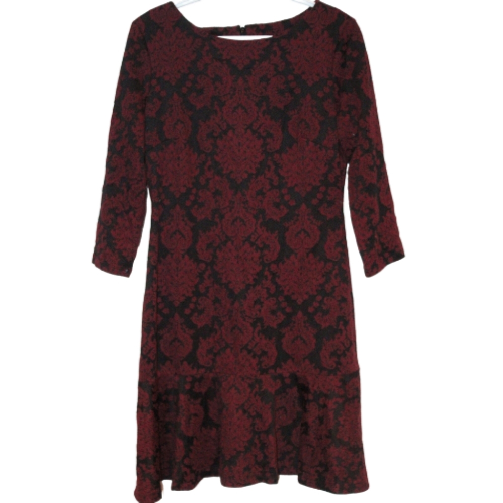2/$50 🏷 Ivanka Trump Maroon & Black Floral Long Sleeve Dress Size 12